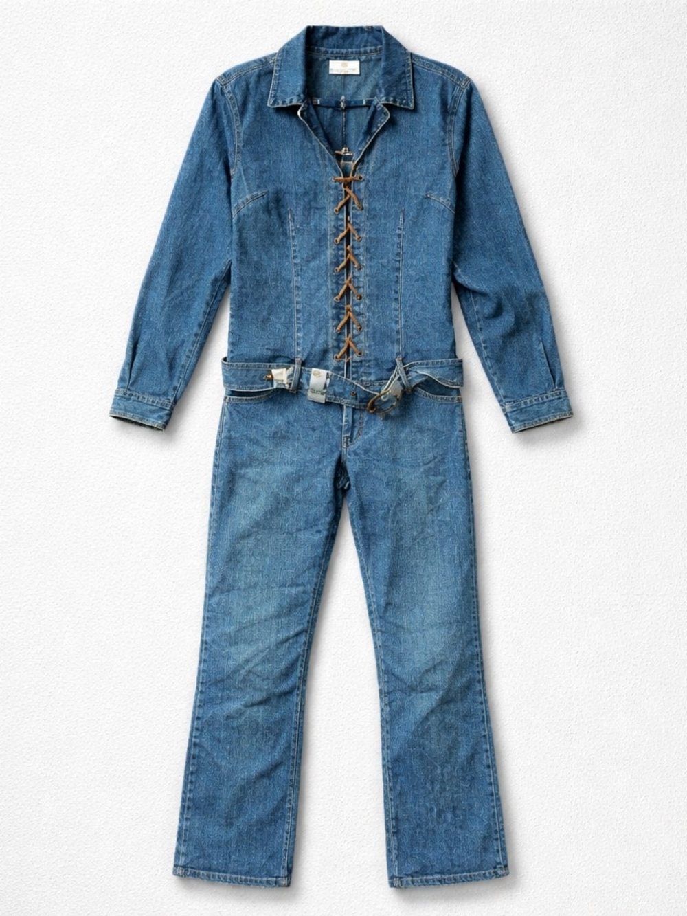 Denim Lace-Up Jumpsuit with Belt - Blue